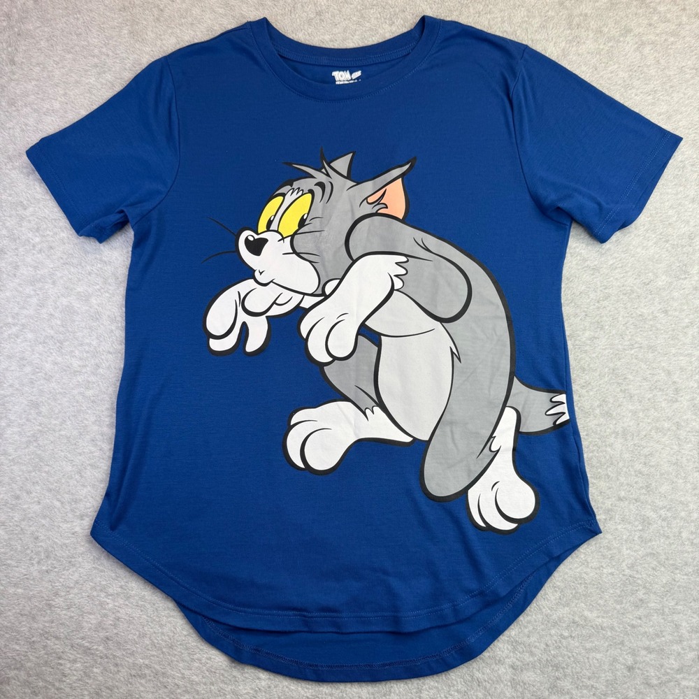 Tom‎ and Jerry Graphic T-Shirt Womens Small Blue Short Sleeve High Low Hem Tee